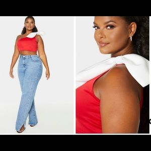 😁Red Scuba One Shoulder Constrast Bow Crop Top